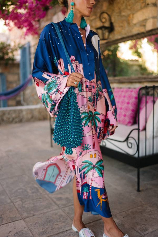 Seaside Stroll Satin Unique Print Button Up Long Sleeve Slit Kaftan Midi Dress