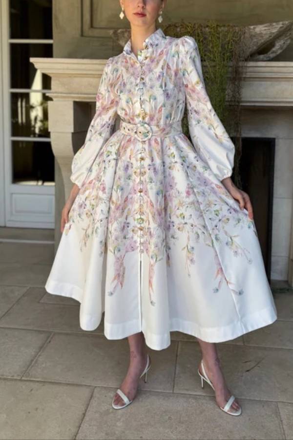 Moira Long Puff Sleeve Multicolor Floral Midi Dress