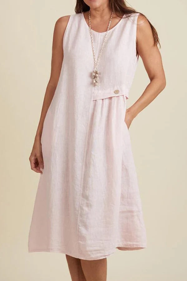 Linen Blend Solid Color Round Neck Sleeveless Loose Pocket Midi Dress