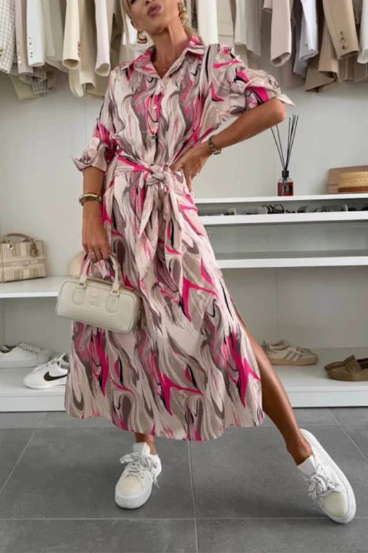 Elegant Ease Satin Printed Tie-Waist Midi Dress