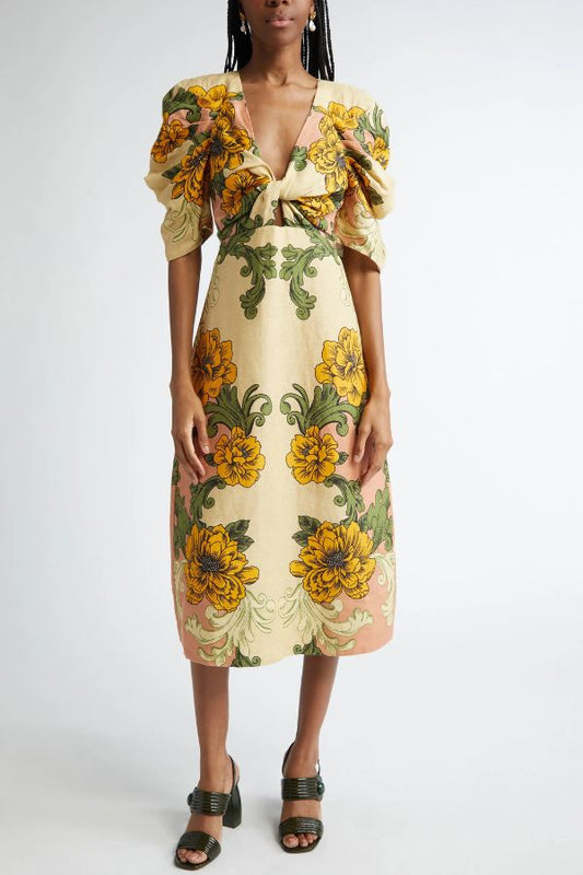 Flower Vine Linen Blend Unique Print Twist Cutout Neck Puff Sleeve Midi Dress