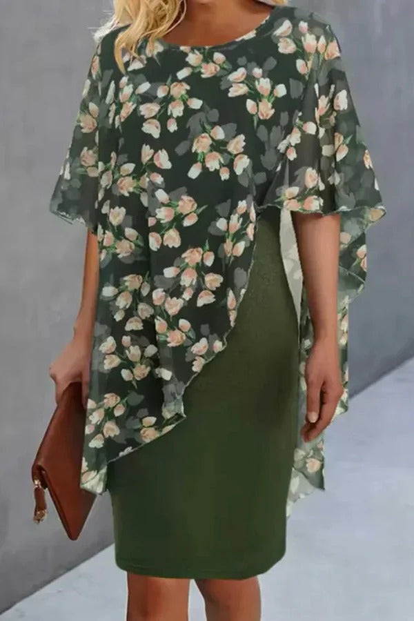 Chiffon Floral Print Crew Neck Casual Mini Dress