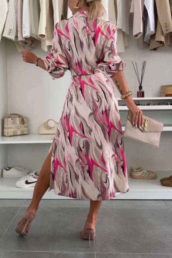 Elegant Ease Satin Printed Tie-Waist Midi Dress