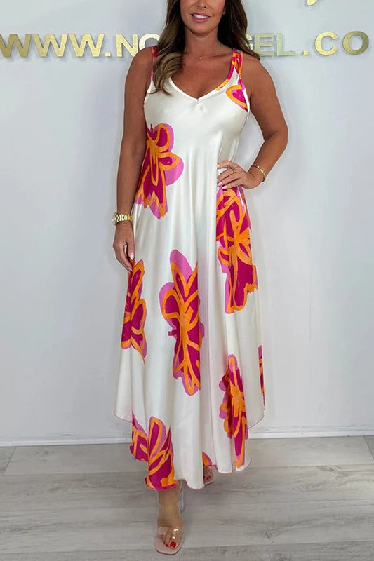 Satin Unique Print V-neck Suspender Midi Dress