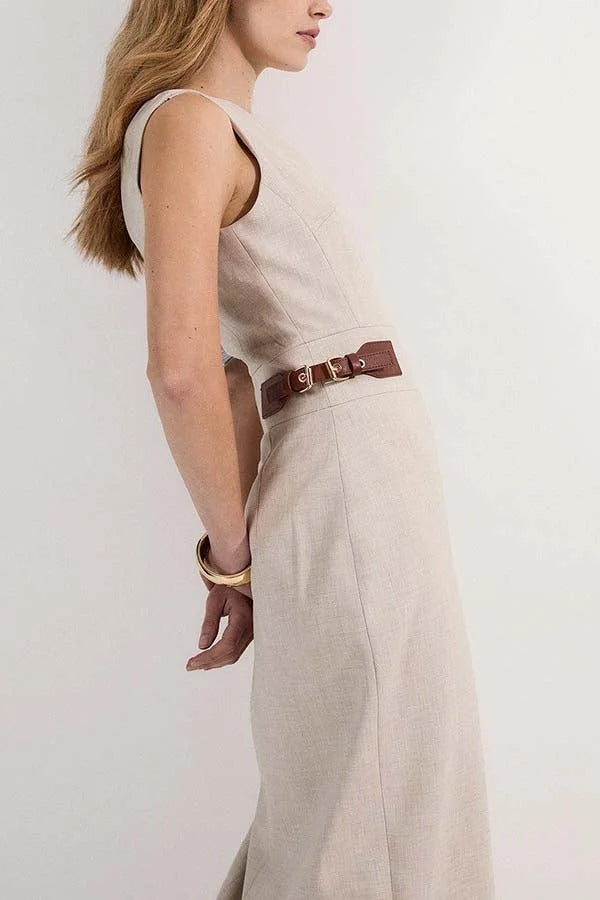 Workwear Day Contrast Color Belt Buckle Detail Slit Pencil Midi Dress