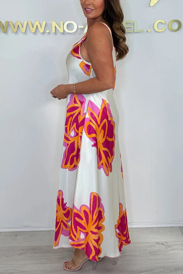 Satin Unique Print V-neck Suspender Midi Dress