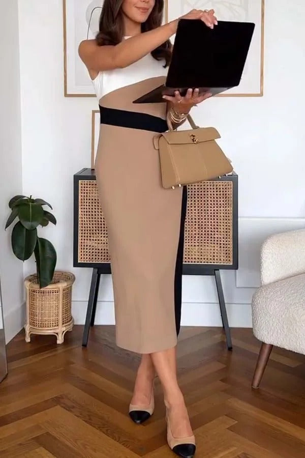 Workwear Day Colourblock Tailored Pencil Slit Stretch Midi Dress