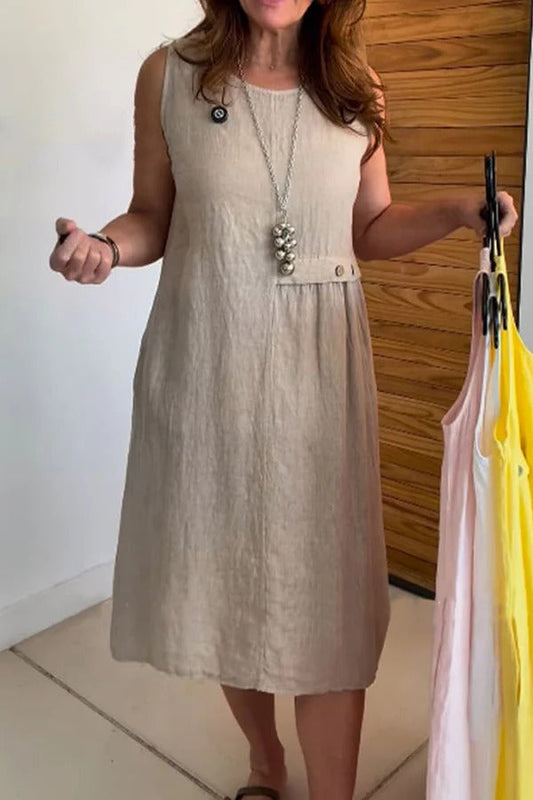 Linen Blend Solid Color Round Neck Sleeveless Loose Pocket Midi Dress