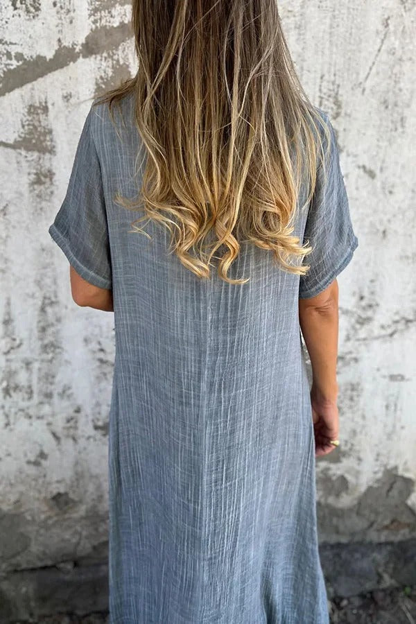 Bayside Bliss Linen Blend Short Sleeve Pleated Loose Midi Dress