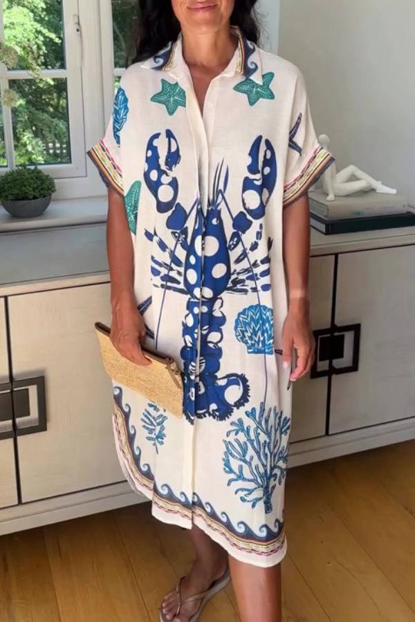 Unique Lobster Ocean Print Shirt Midi Dress