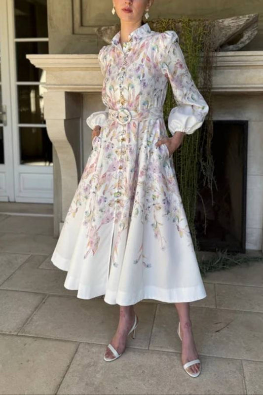 Moira Long Puff Sleeve Multicolor Floral Midi Dress