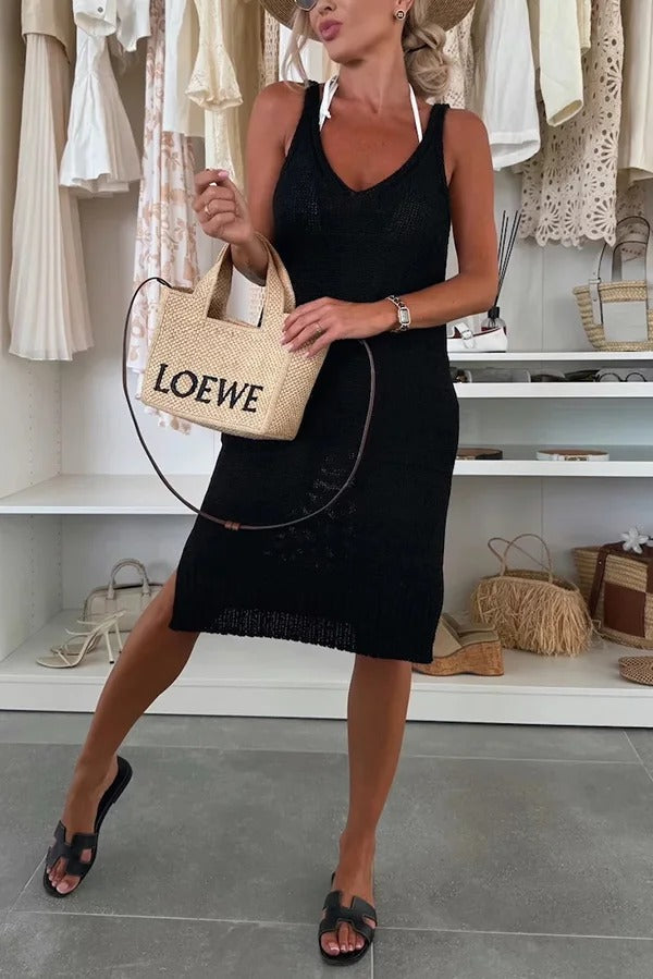 Solid Color V-Neck Sleeveless Casual Pocket Knitted Midi Dress