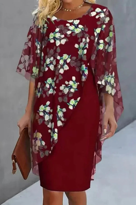 Chiffon Floral Print Crew Neck Casual Mini Dress