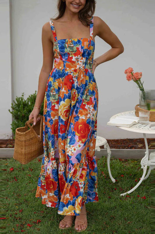 Style Lover Square Neck Adjustable Straps Floral Maxi Dress