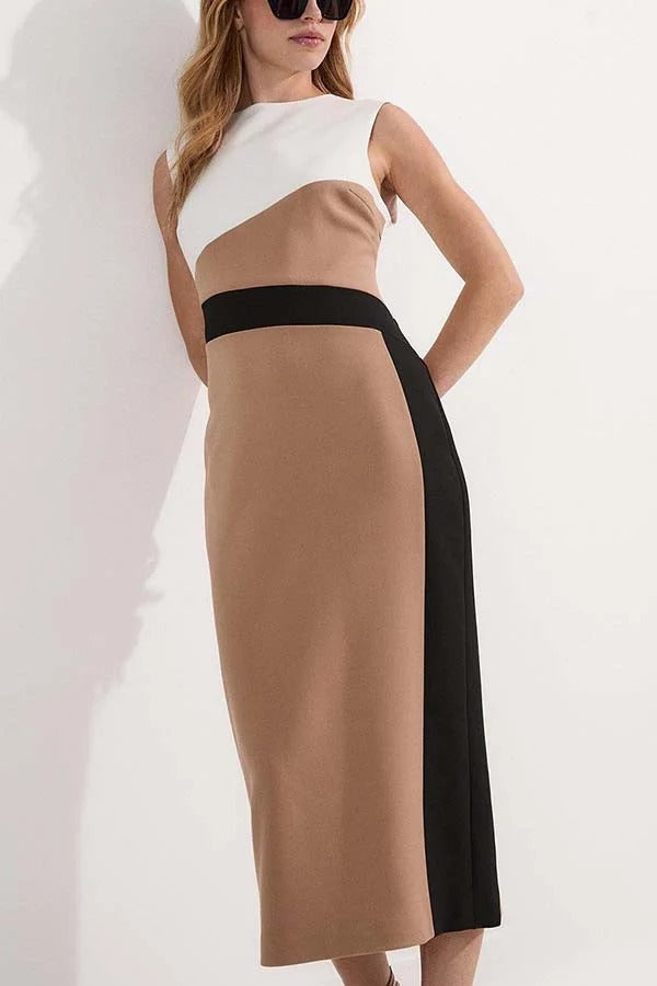 Workwear Day Colourblock Tailored Pencil Slit Stretch Midi Dress