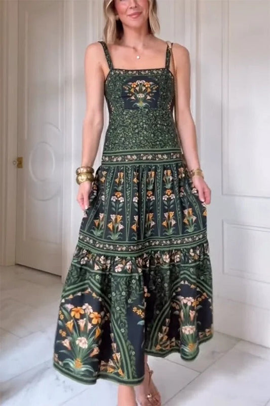 Tropical Look Linen Blend Floral Print Square Neck Back Smocked Midi Dress