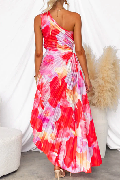 One Shoulder Sleeveless Print Asymmetric Maxi Pleated Dress
