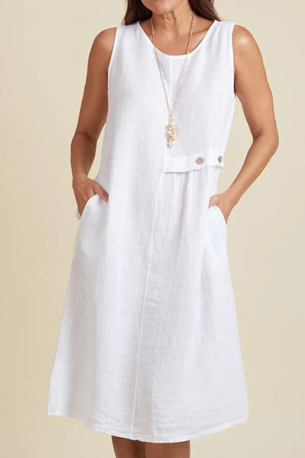 Linen Blend Solid Color Round Neck Sleeveless Loose Pocket Midi Dress