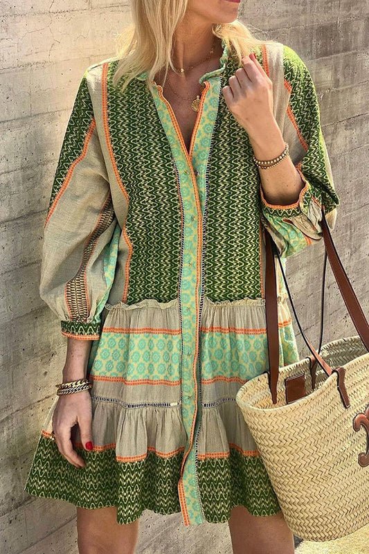 Vacation Style Ethnic Print Button Loose Mini Dress