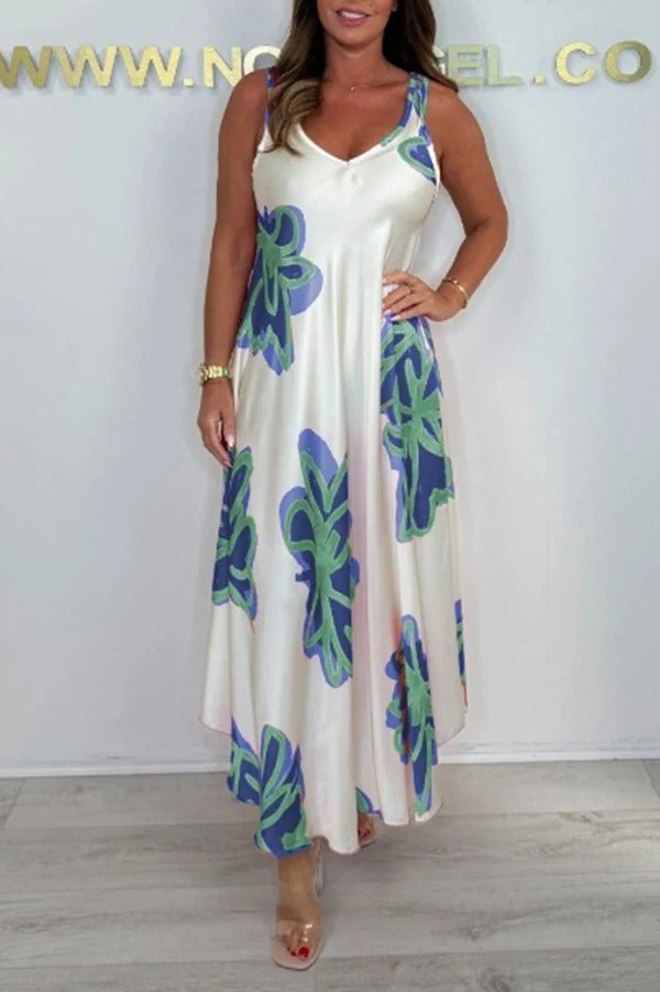 Satin Unique Print V-neck Suspender Midi Dress