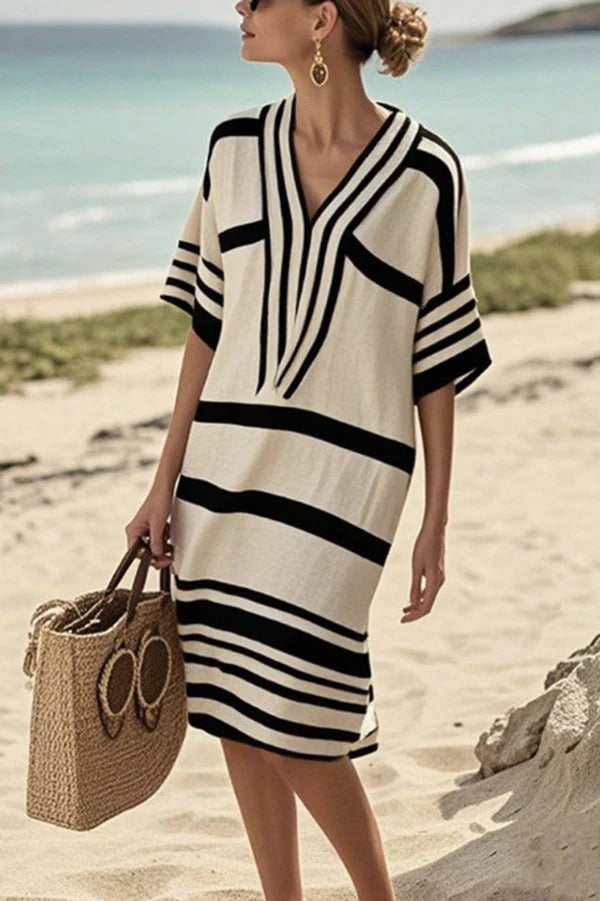 Fashion Striped Print V-neck Loose Holiday Midi Dress