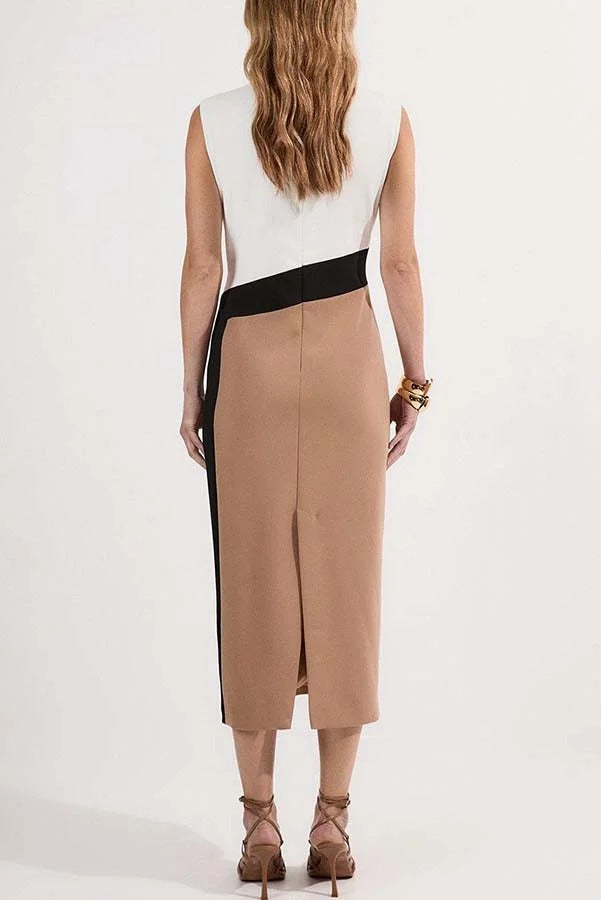 Workwear Day Colourblock Tailored Pencil Slit Stretch Midi Dress