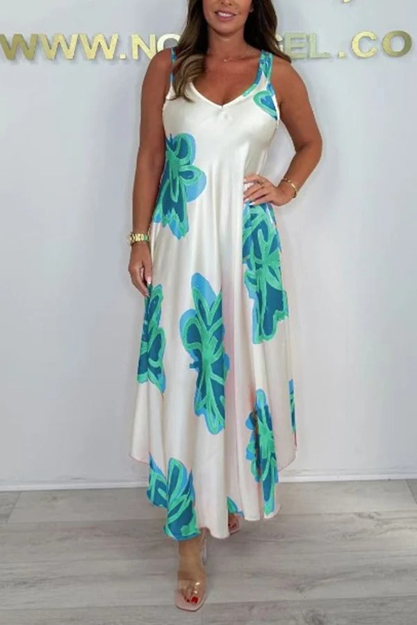 Satin Unique Print V-neck Suspender Midi Dress