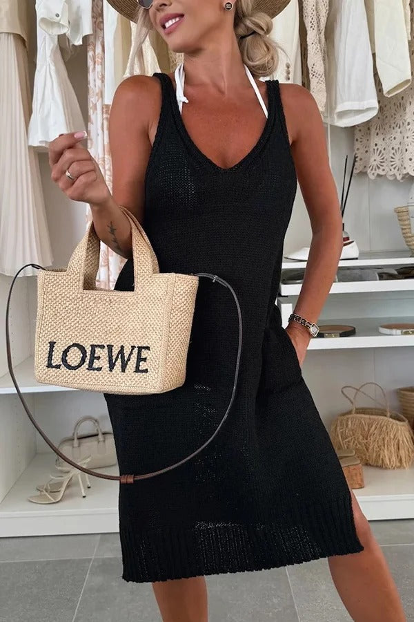 Solid Color V-Neck Sleeveless Casual Pocket Knitted Midi Dress