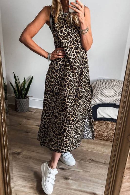Black Contrast Striped Trim Leopard Sleeveless Midi Dress