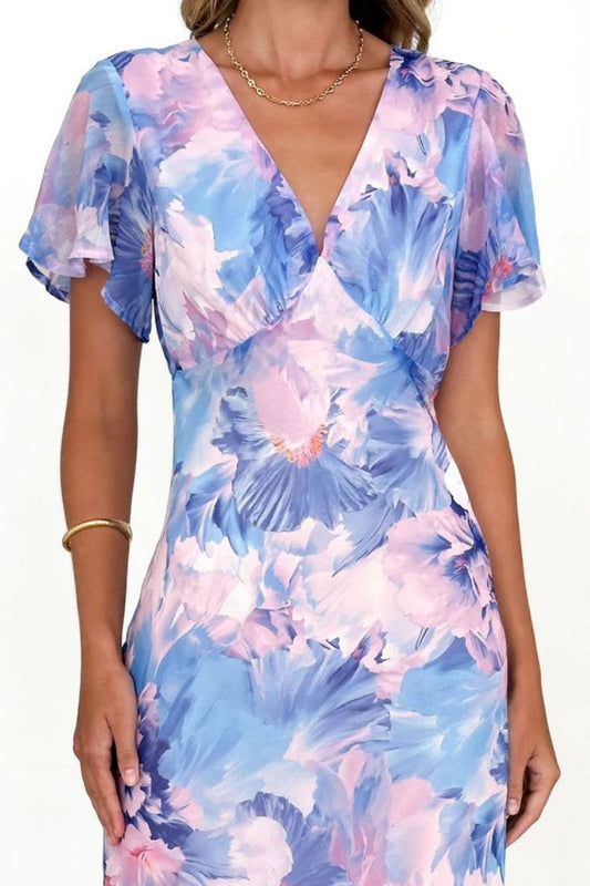 Abstract Print Short Sleeve Belted Wrap Midi Dress