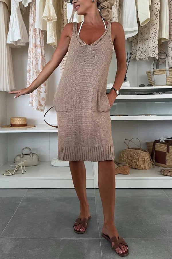 Solid Color V-Neck Sleeveless Casual Pocket Knitted Midi Dress