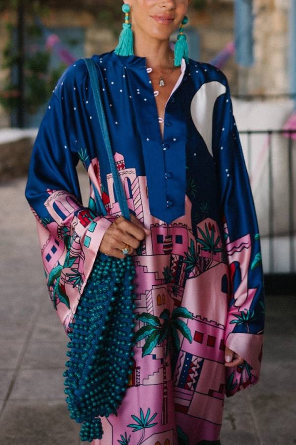 Seaside Stroll Satin Unique Print Button Up Long Sleeve Slit Kaftan Midi Dress