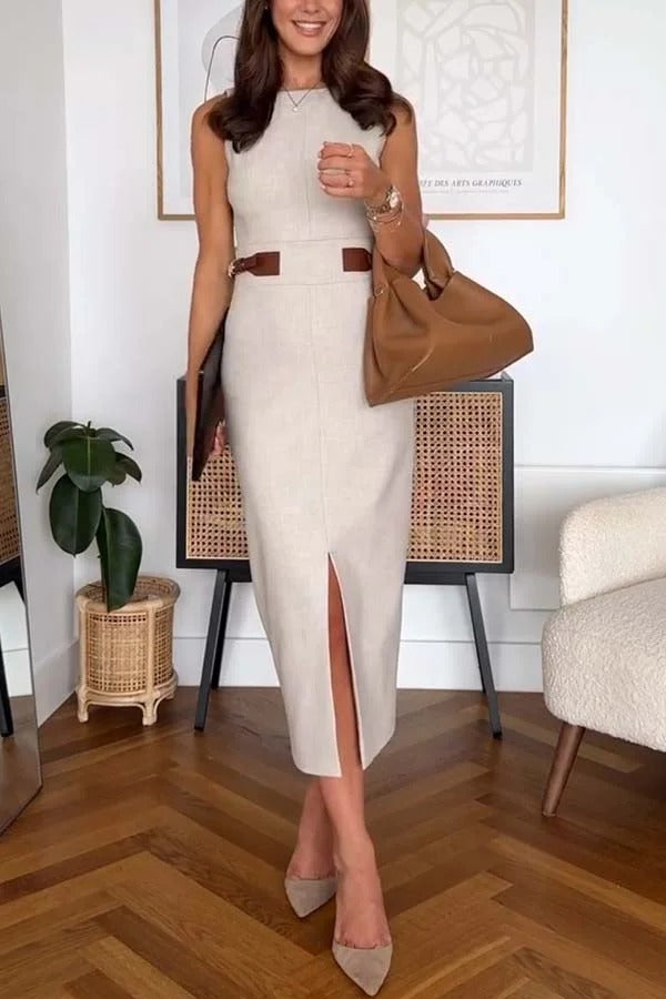 Workwear Day Contrast Color Belt Buckle Detail Slit Pencil Midi Dress