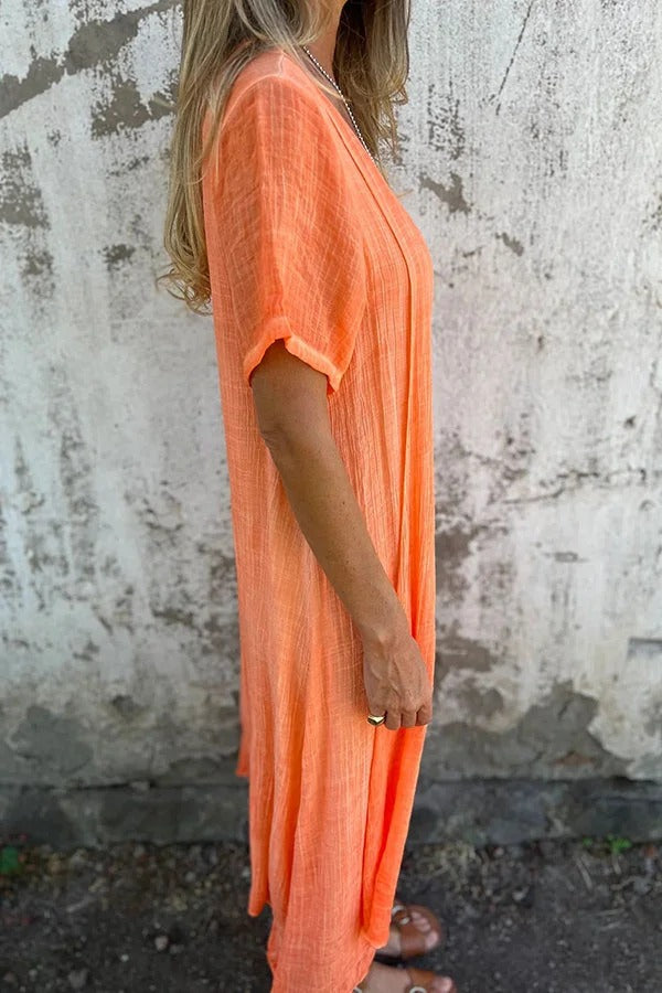 Bayside Bliss Linen Blend Short Sleeve Pleated Loose Midi Dress