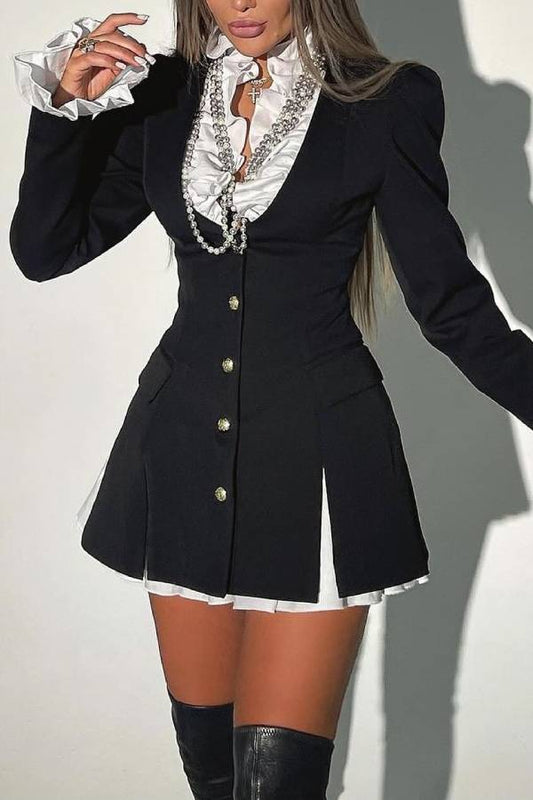 Altair Contrast Ruffled Shirt Patchwork Button Pleated Blazer Mini Dress