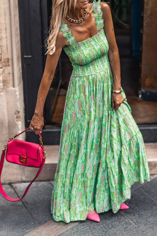 Green-French Sleeveless Floral Suspender Skirt