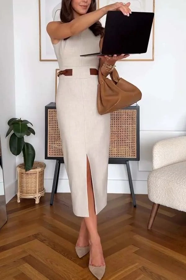 Workwear Day Contrast Color Belt Buckle Detail Slit Pencil Midi Dress