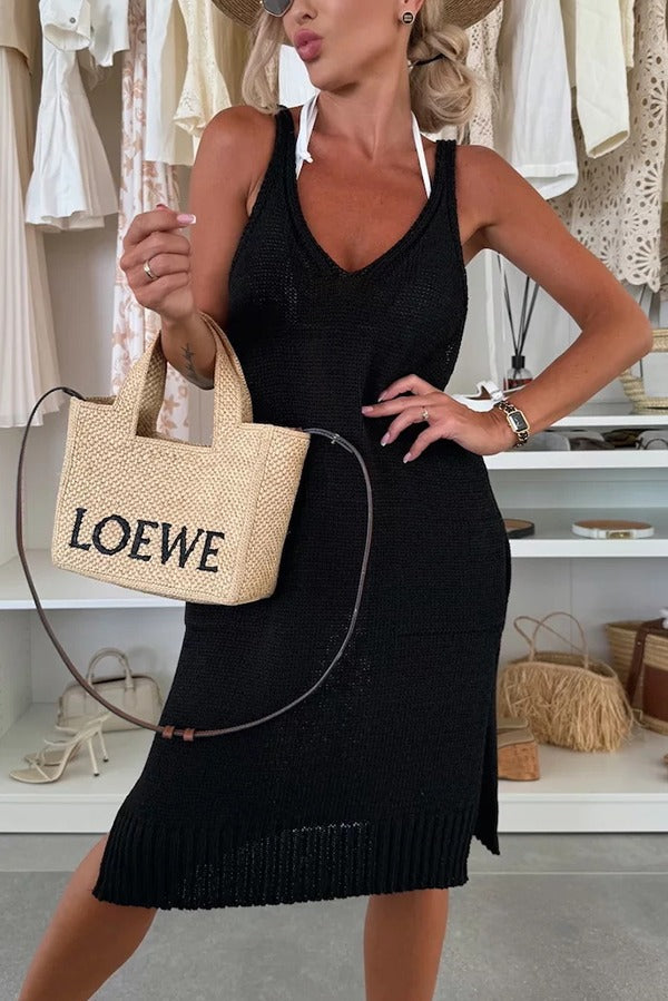 Solid Color V-Neck Sleeveless Casual Pocket Knitted Midi Dress