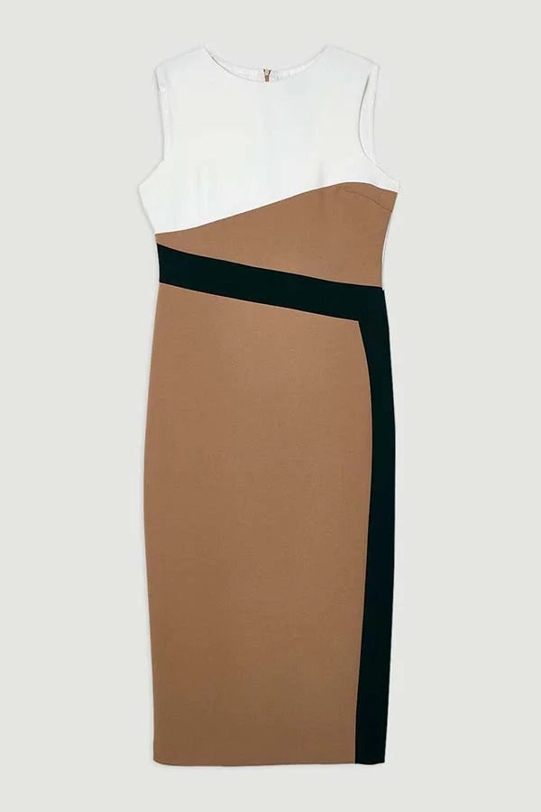 Workwear Day Colourblock Tailored Pencil Slit Stretch Midi Dress