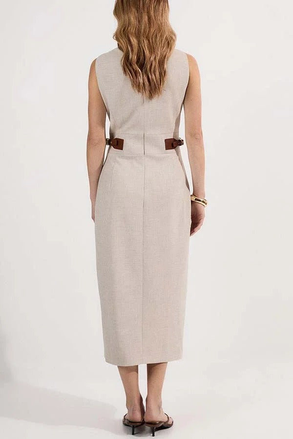 Workwear Day Contrast Color Belt Buckle Detail Slit Pencil Midi Dress