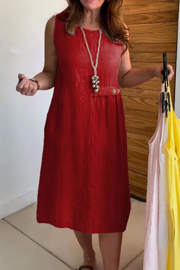 Linen Blend Solid Color Round Neck Sleeveless Loose Pocket Midi Dress
