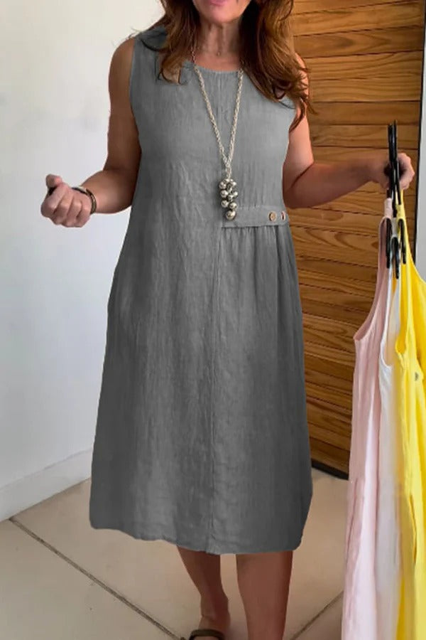 Linen Blend Solid Color Round Neck Sleeveless Loose Pocket Midi Dress