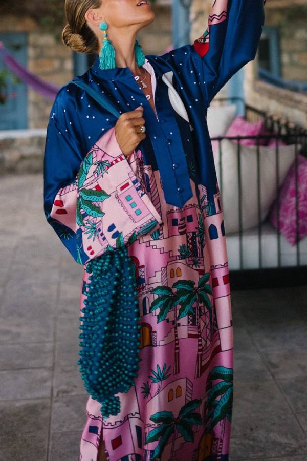 Seaside Stroll Satin Unique Print Button Up Long Sleeve Slit Kaftan Midi Dress
