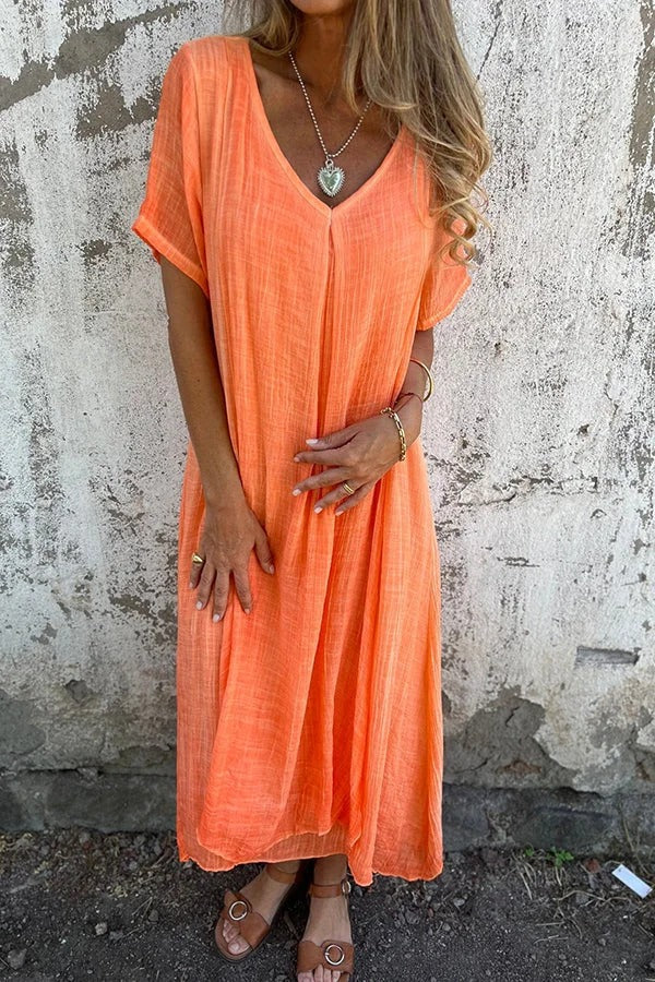 Bayside Bliss Linen Blend Short Sleeve Pleated Loose Midi Dress