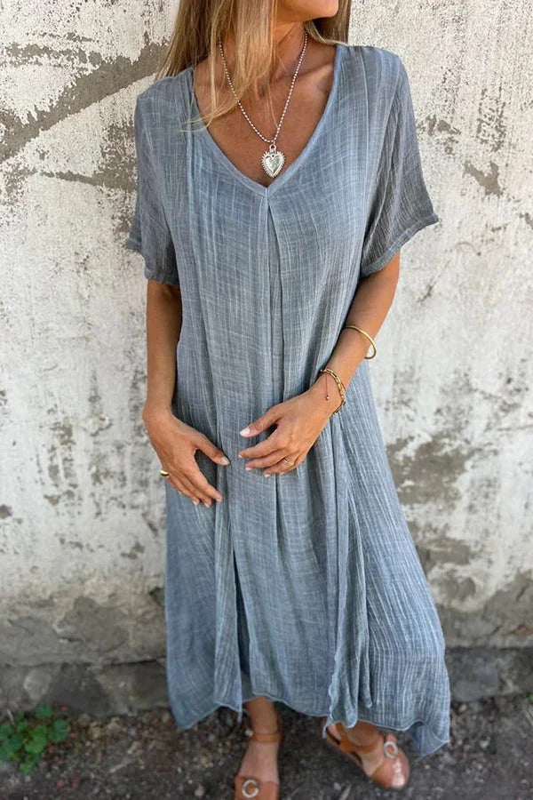 Bayside Bliss Linen Blend Short Sleeve Pleated Loose Midi Dress