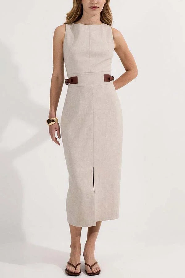 Workwear Day Contrast Color Belt Buckle Detail Slit Pencil Midi Dress