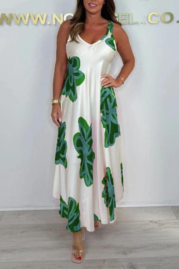Satin Unique Print V-neck Suspender Midi Dress