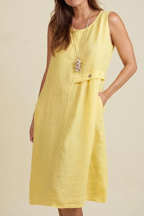 Linen Blend Solid Color Round Neck Sleeveless Loose Pocket Midi Dress