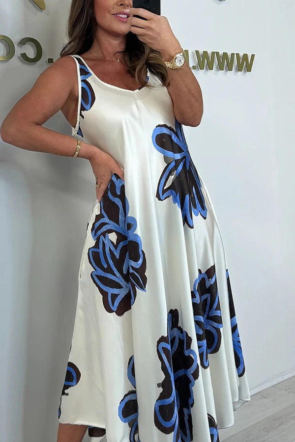 Satin Unique Print V-neck Suspender Midi Dress