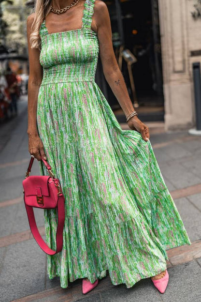 Green-French Sleeveless Floral Suspender Skirt